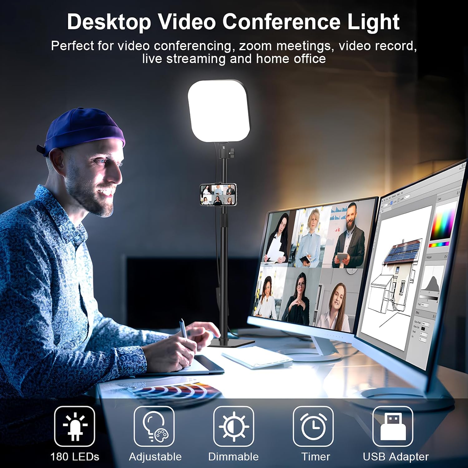 Streaming-Equipment - 180 LED Video Light with Mobile Phone Holder, Video Light with 3 Colours and 5 Brightness Levels, USB Powered Key Light for Video Conferences, Zoom Meetings, Live Streaming, Pack of 2 – Bild 6