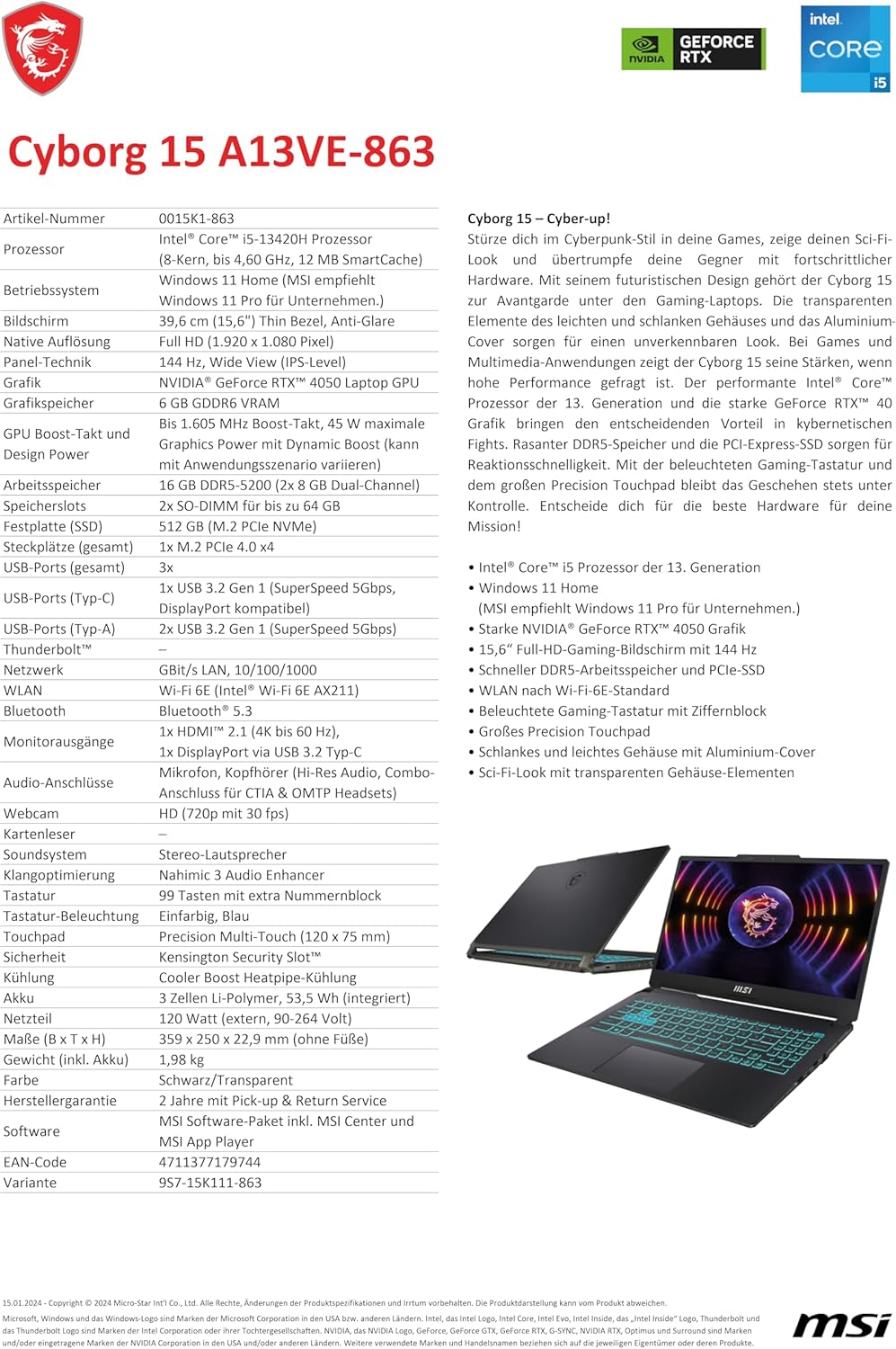 Gaming PC & Laptops - MSI Cyborg 15 Gaming Laptop, 15.6 Inch Full HD 144Hz, Intel Core i5-13420H, NVIDIA GeForce RTX 4050, 16GB DDR5, 512GB SSD, Windows 11 Home, QWERTZ Keyboard, A13VE-863, Black/Transparent – Bild 5