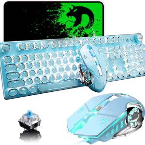 Gaming Tastatur & Maus – Wired USB Keyboard Mechanical Blue Switch Retro Steampunk Vintage Typewriter Style White LED Backlit 104 Keys Anti-Ghosting + 2400DPI 6 Keys Gaming Mouse