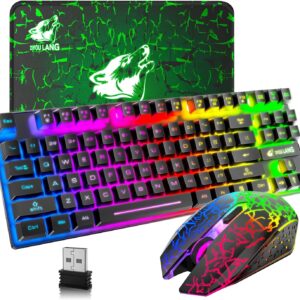 Gaming Tastatur & Maus – Wireless Gaming Keyboard and Mouse, 87 Keys Rainbow LED Backlit Rechargeable 3800mAh Battery Mechanical Feel Anti-Ghosting Ergonomic Waterproof RGB Mouse (Black)