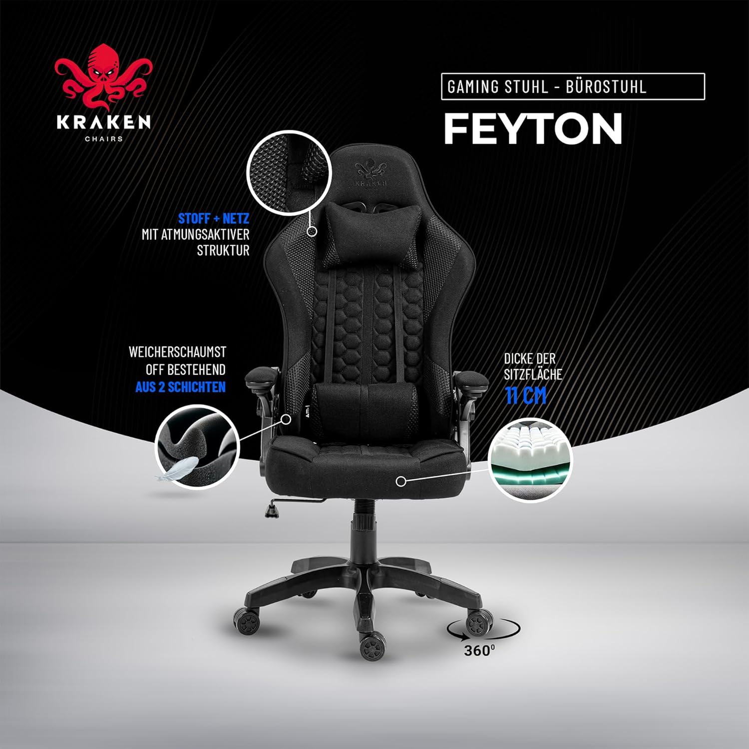 Gaming Chairs - Gaming Chair Fabric - Black - Office Chair - Ergonomic Computer Chair Gamer - 130 kg Load Capacity - Gamer Chair - Gaming Chair - Gaming Chair Ergonomic - Gaming Chair - PC Chair – Bild 7