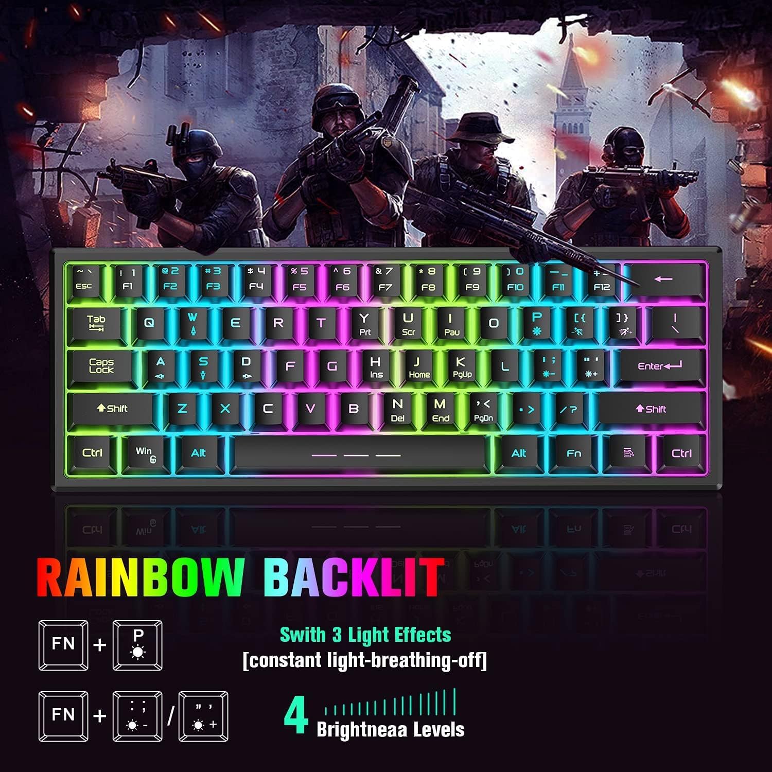 Gaming Tastatur & Maus - 2.4GHz Keyboard Mouse Gaming Set Wireless Illuminated 61 Keys Rainbow 3800 mAh Rechargeable Mechanical Feel Keyboard, 2400 DPI Rainbow Light LED 6 Buttons Mouse, Compatible PC Black – Bild 5