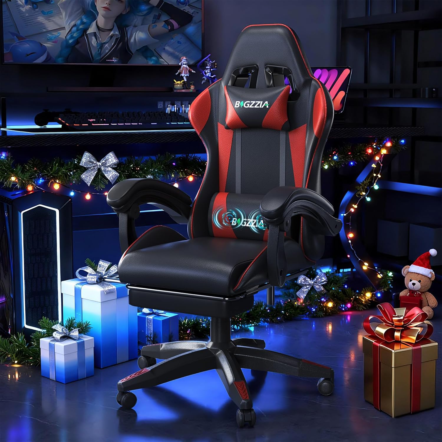 Gaming Chairs - Gaming Chair, Gamer Chair with Footrest, Headrest, Lumbar Cushion, 90° - 155° Height Adjustment, Tilt, 130 kg Load Capacity, PC Gaming Chair for Children, Teenagers, Adults (Black Red)