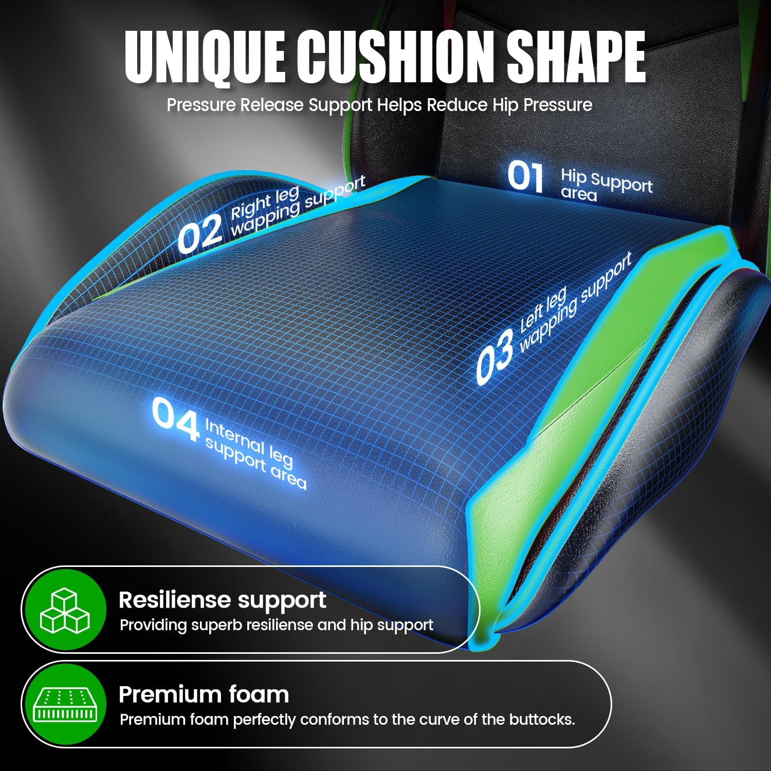 Gaming Chairs - Gaming Chair Ergonomic PC Chair Gaming Height Tilt Angle Adjustable, PU Leather with Padding Headrest, Gamer Chair for Children Teenagers Adults Gaming Office (Black/Green) – Bild 6