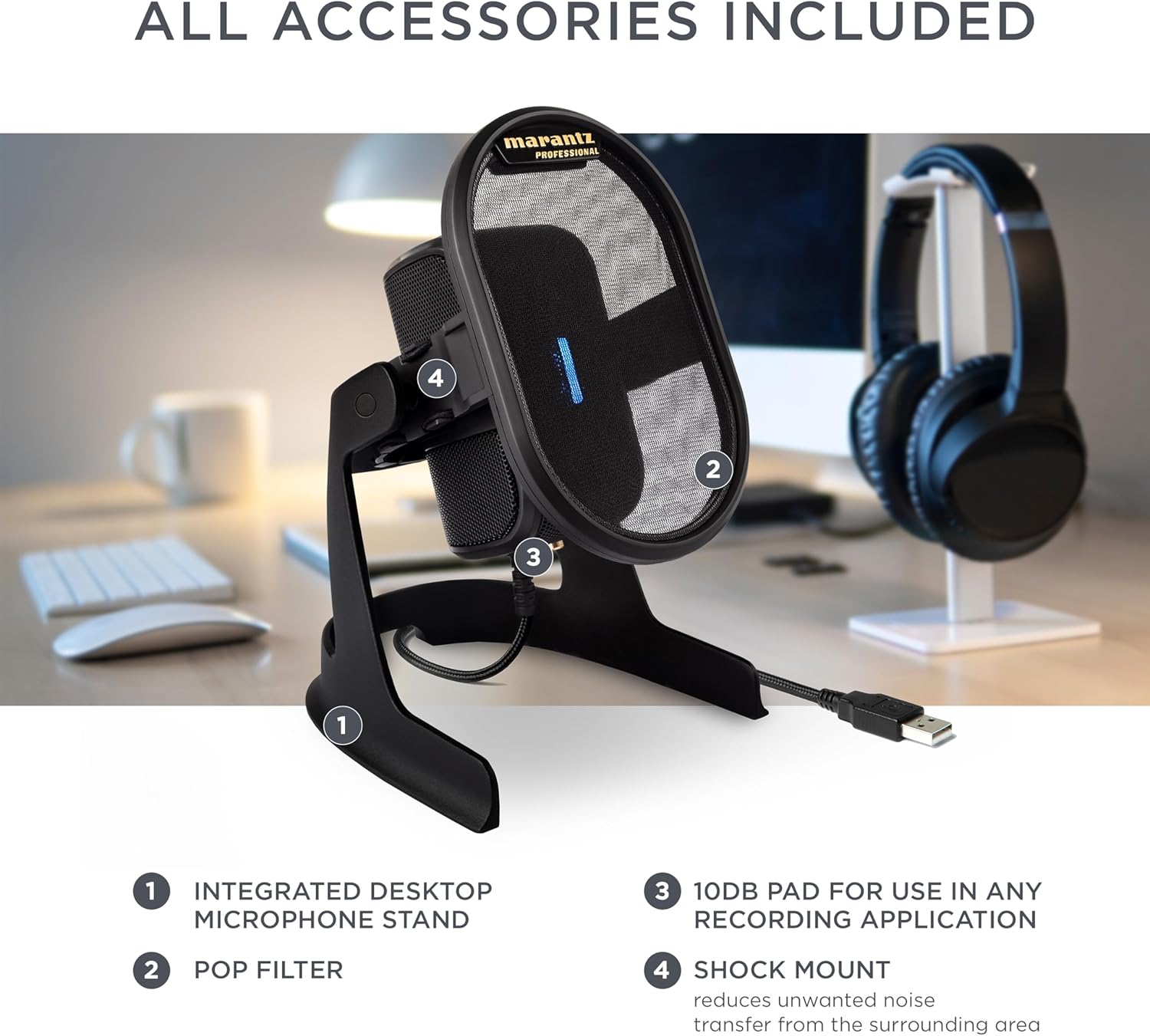 Streaming-Equipment - Marantz Professional Umpire - USB condenser microphone with pop filter and shock mount, driverless, for stuido, radio, podcast, twitch, skype, conference – Bild 6