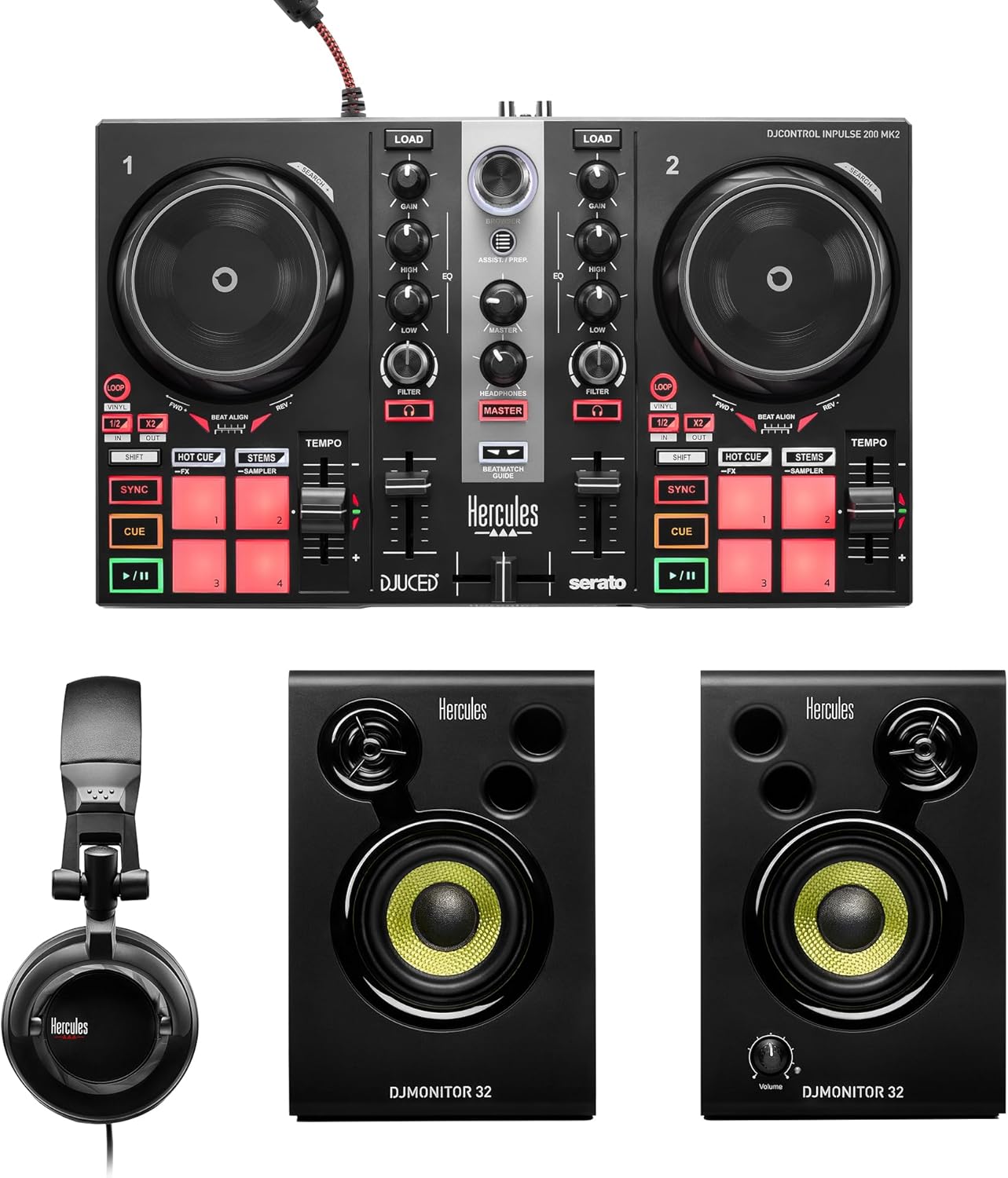 Streaming-Equipment - Hercules DJLearning Kit MK2 - Complete DJ Package with DJControl Inpulse 200 MK2, DJMonitor 32 Studio Monitors and HDP DJ45 Headphones