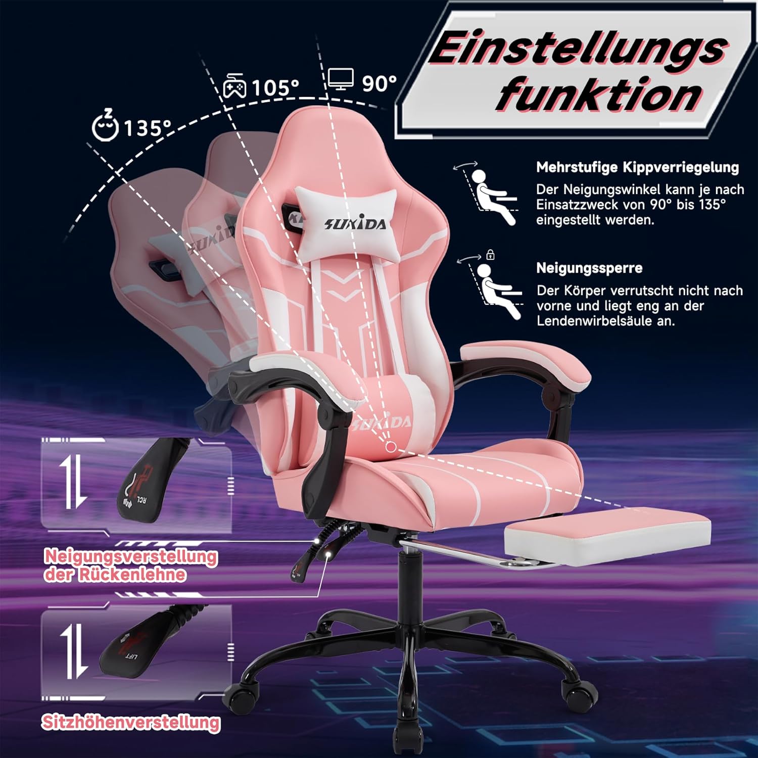 Gaming Chairs - SUKIDA Gaming Chair Computer Chair Ergonomic Gaming Chair with Footrest Office Chair Ergonomic Computer Chair with Lumbar Support Pink White – Bild 5