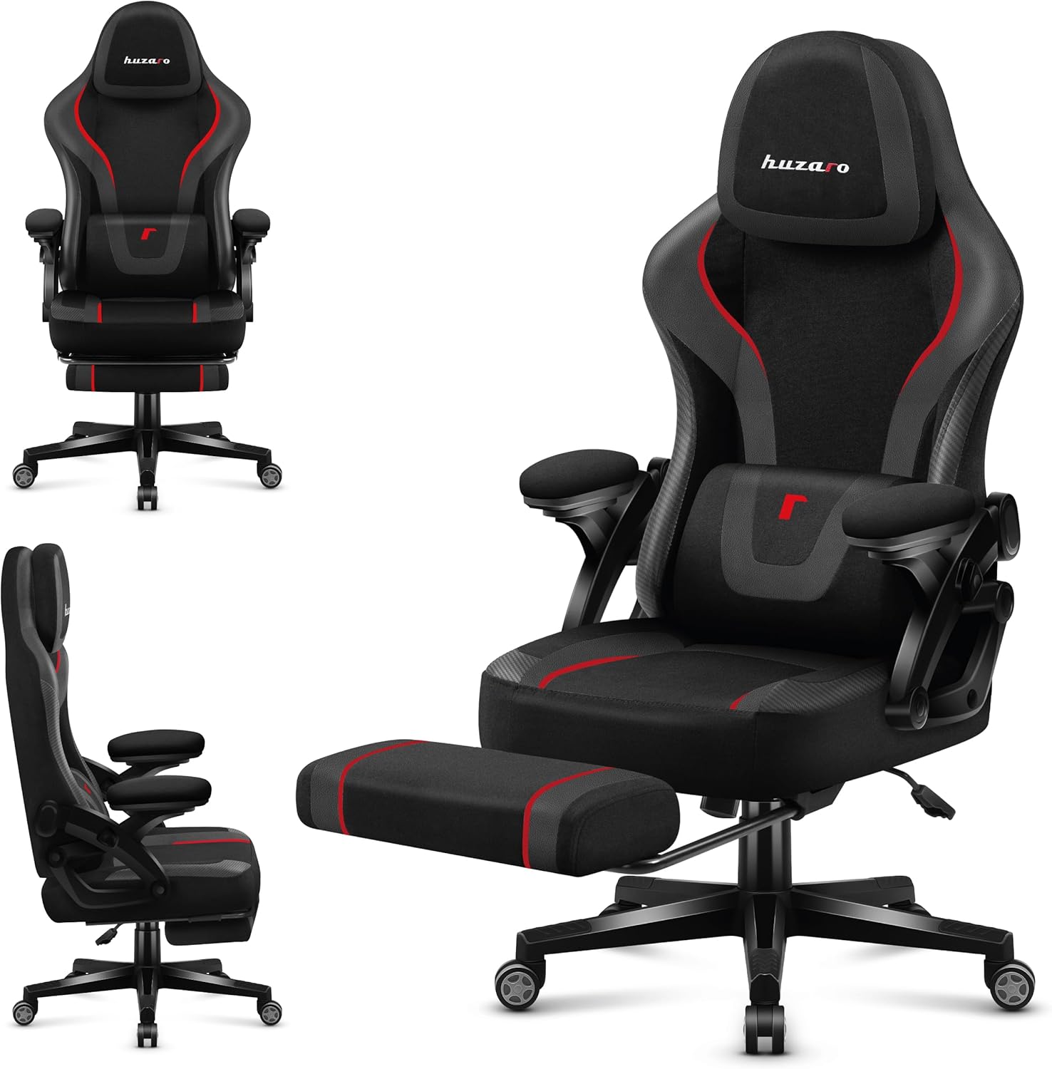 Gaming Chairs - huzaro Force 4.6 Carbon Gaming Chair with Footrest and SoftFlex Mechanism, Ergonomic Chair with Adjustable Headrests and Lumbar Cushion, for Gamers and Office, Pack of 1