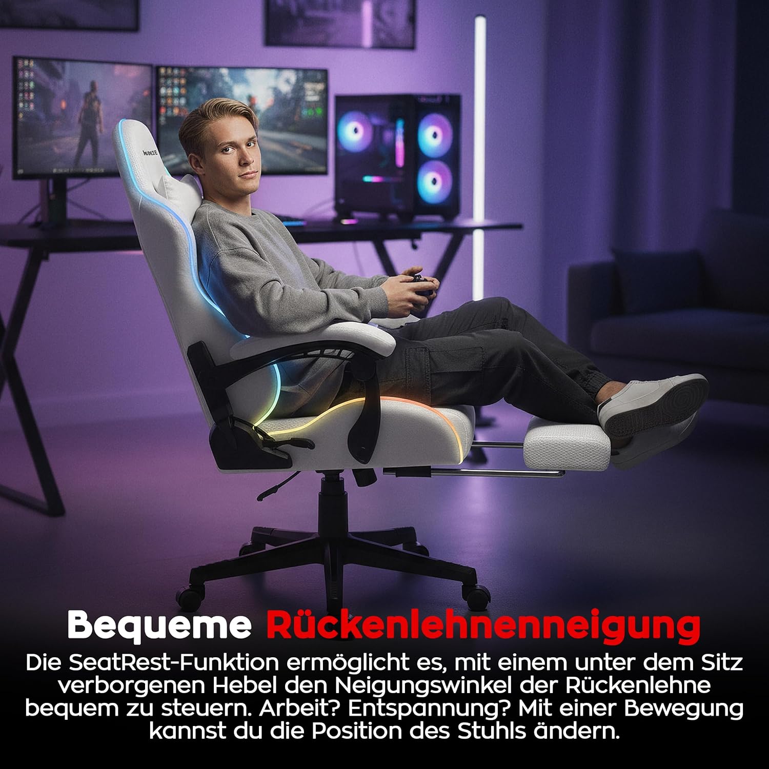 Gaming Chairs - huzaro Force RGB Mesh, Gaming Chair, Office Chair, Computer Chair, Ideal for People up to 185 cm, Headrest Lumbar Cushion, Gamer Chair with Footrest, Gaming Chair 140 kg Load Capacity, White – Bild 7