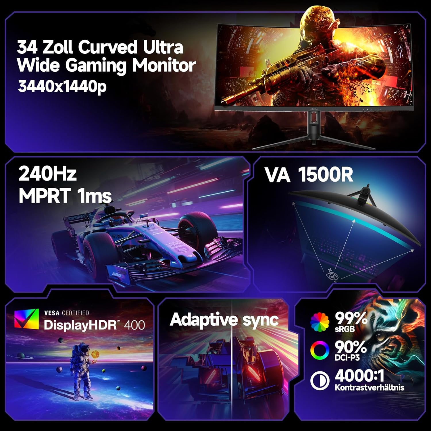 Gaming PC & Gaming Monitors - KOORUI 34 Inch Gaming Monitor, 240Hz PC Screen, Curved 1500R, Adaptive Sync, Ultrawide WQHD (3440 × 1440), HDR400, Height Adjustable (110 mm), Pip/PBP, Black – Bild 3