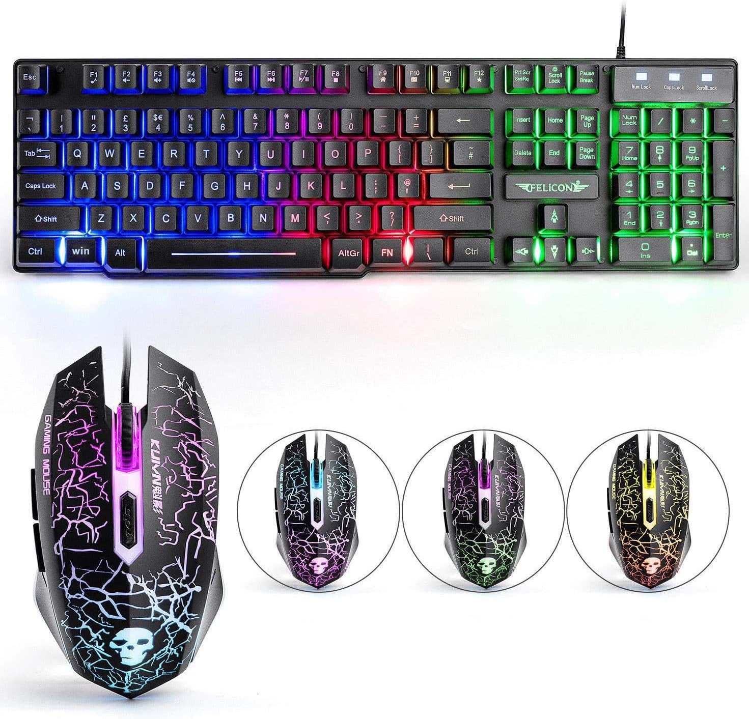 Gaming Tastatur & Maus - Keyboard and Mouse Set, UK Layout Ergonomic Rainbow Backlit Gaming Keyboard + 2400 DPI 6 Optical Keys, Gaming Mouse USB, Rainbow LED + Free Mouse Pad – Bild 2