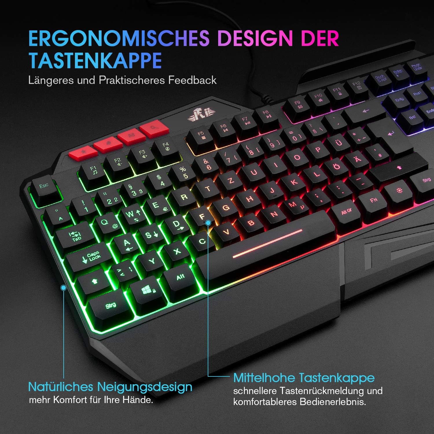 Gaming Tastatur & Maus - Rii Gaming Keyboard, PC Keyboard Illuminated Rainbow Keyboard USB, 19 Anti-Ghosting, Gaming Keyboard for PC/Laptop/PS4/Xbox One (German Layout) – Bild 2