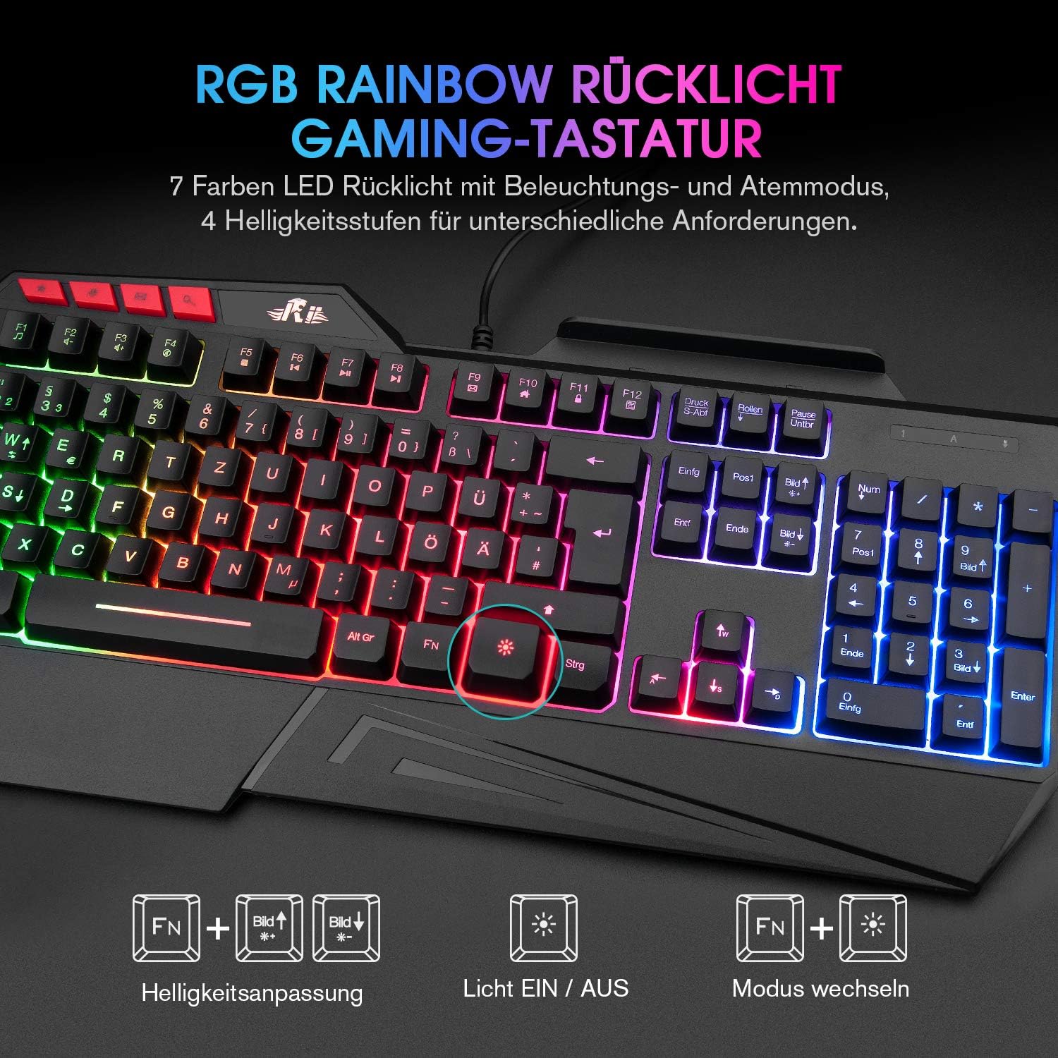 Gaming Tastatur & Maus - Rii Gaming Keyboard, PC Keyboard Illuminated Rainbow Keyboard USB, 19 Anti-Ghosting, Gaming Keyboard for PC/Laptop/PS4/Xbox One (German Layout) – Bild 3