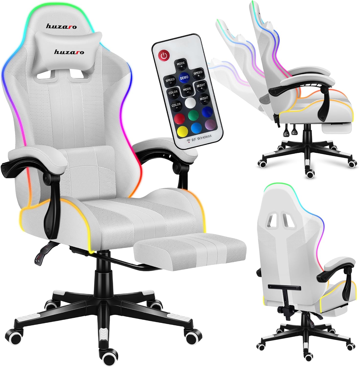 Gaming Chairs - huzaro Force RGB Mesh, Gaming Chair, Office Chair, Computer Chair, Ideal for People up to 185 cm, Headrest Lumbar Cushion, Gamer Chair with Footrest, Gaming Chair 140 kg Load Capacity, White