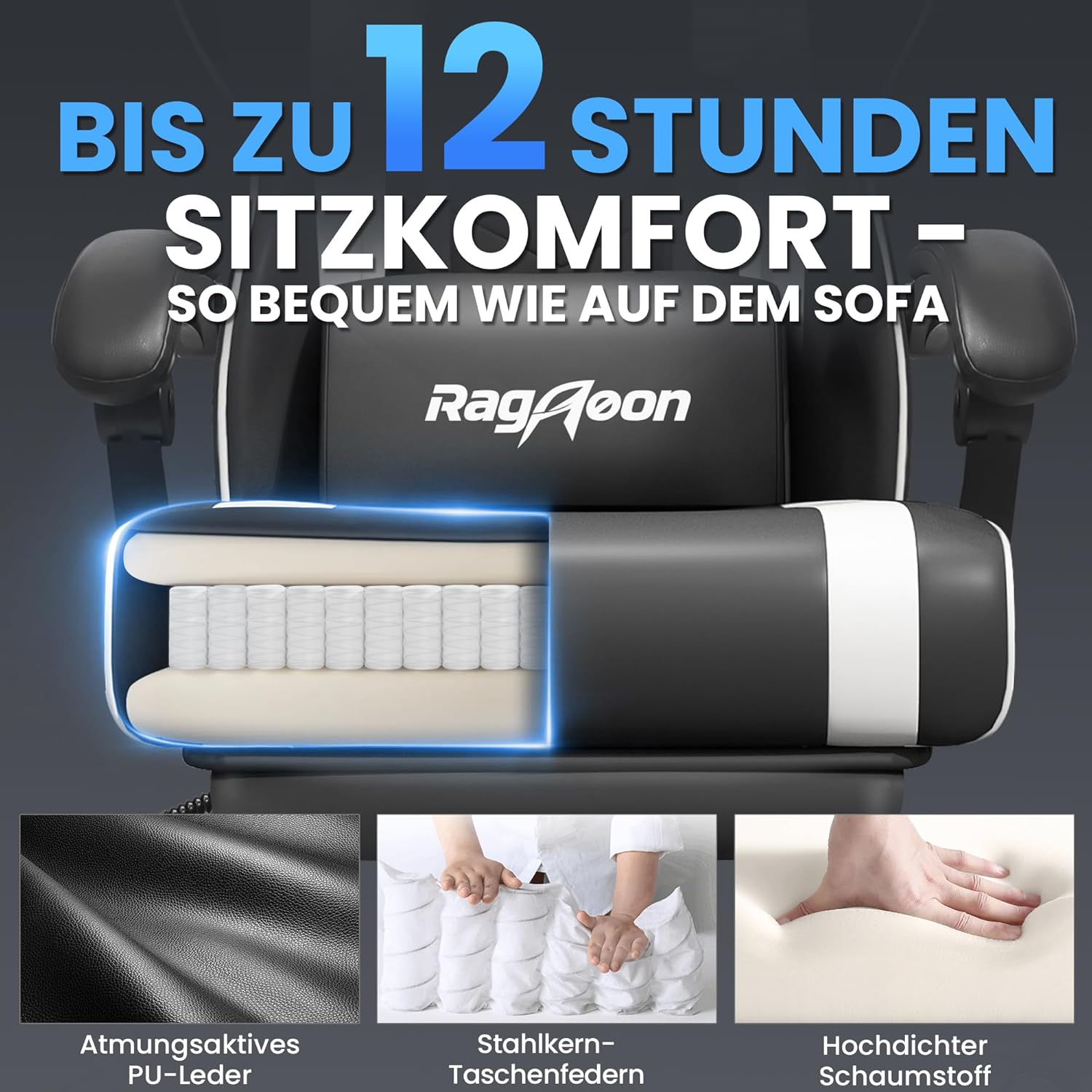 Gaming Chairs - Gaming Chair Gamer Chair - Ergonomic Gamer Chair with Footrest Headrest and Lumbar Support Height Adjustable Padded Gaming Chair 150 kg Load Capacity Black – Bild 4