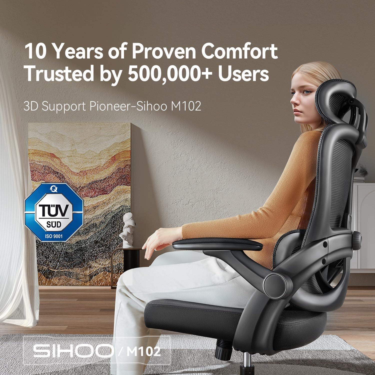 Gaming Chairs - SIHOO M102C Ergonomic Mesh Office Chair, High Back desk chair with 3D Armrests, Up&Down Lumbar Support, Swivel Computer Task Chair, Black – Bild 4