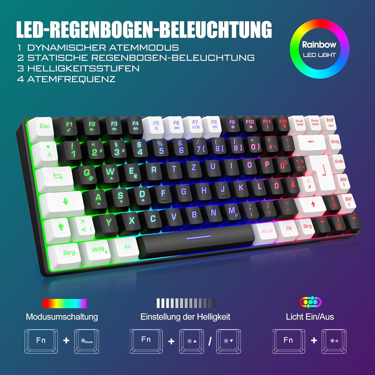 Gaming Tastatur & Maus - RedThunder 75% Wireless Gaming Keyboard and Mouse Set, DE TKL Layout, 85 Keys, Rechargeable Compact, Ultralight 7200DPI Mouse with Honeycomb Construction for PC, Mac, PS5, Xbox Gamer (Black/White) – Bild 3