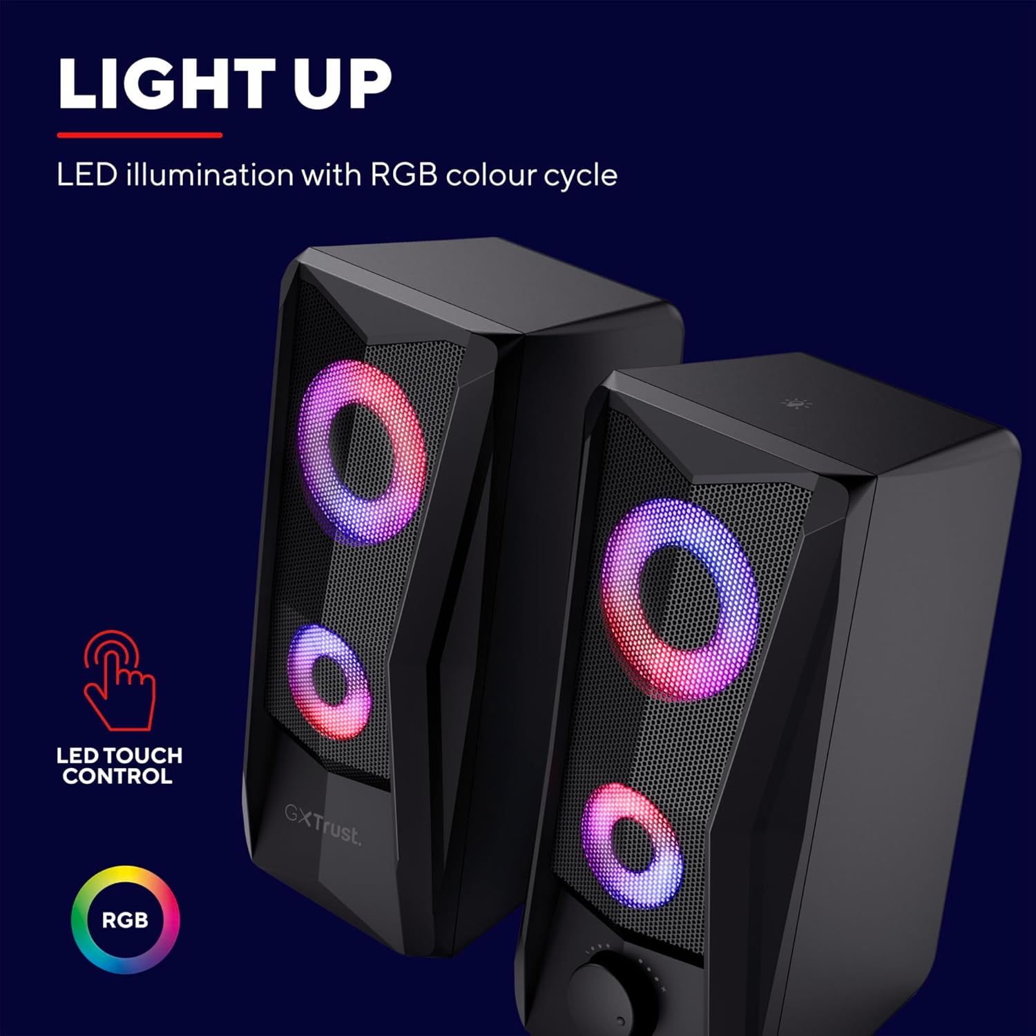 Gaming PC & Gaming Monitors - Trust Gaming GXT 606B Javv 2.0 PC Lautsprecher mit RGB LED Beleuchtung, 12W (6W RMS), USB-Betrieb, Kompakte PC Boxen, Speaker Set, Gaming Lautsprecher für Computer und Laptop - Schwarz – Bild 3