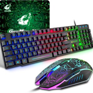 Gaming Tastatur & Maus – T13 Gaming Keyboard and Mouse Set, QWERTZ German Layout, Rainbow LED Backlight, Ergonomic Keyboard, 6 Buttons, 2400 DPI Mouse, USB Wired, Compatible with PS4 XBox