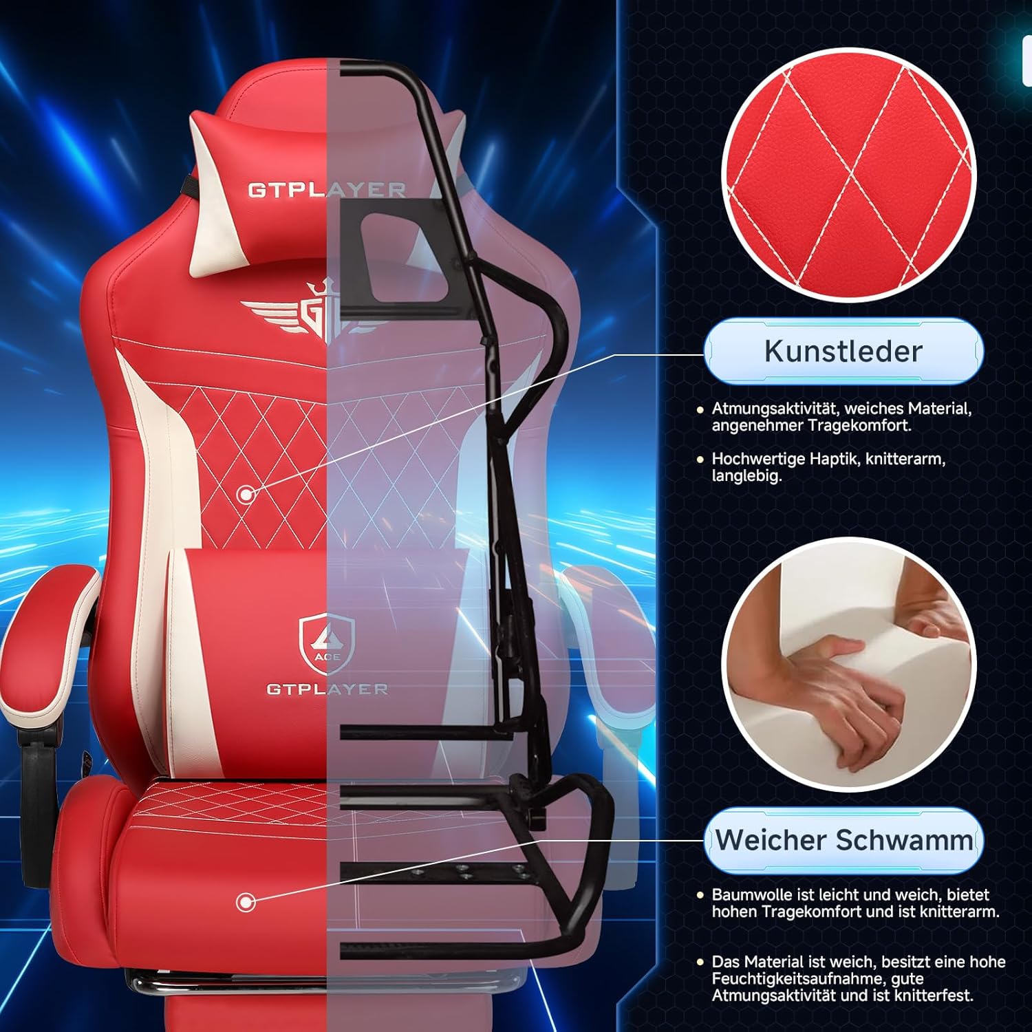 Gaming Chairs - GTPLAYER Gaming Chair, Ergonomic Gamer Chair Made of PU Leather with Lumbar Support, PC Chair with Widened Backrest, Maximum Load 150 kg, Red – Bild 4