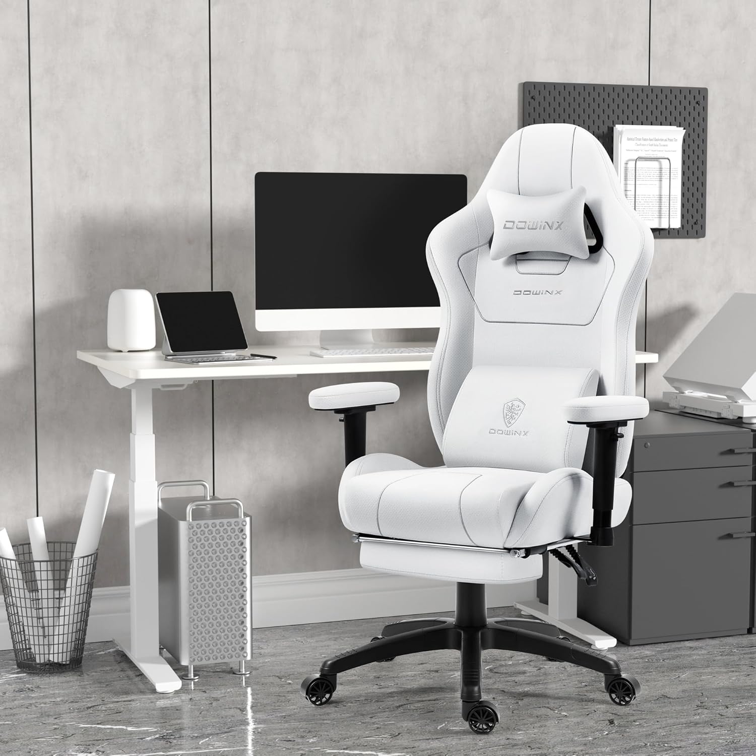 Gaming Chairs - Dowinx Gaming Chair Fabric with Pocket Spring Cushion, Ergonomic Gaming Chair with Massage Function, PC Office Chair Large and High with Footrests XXL, White – Bild 2