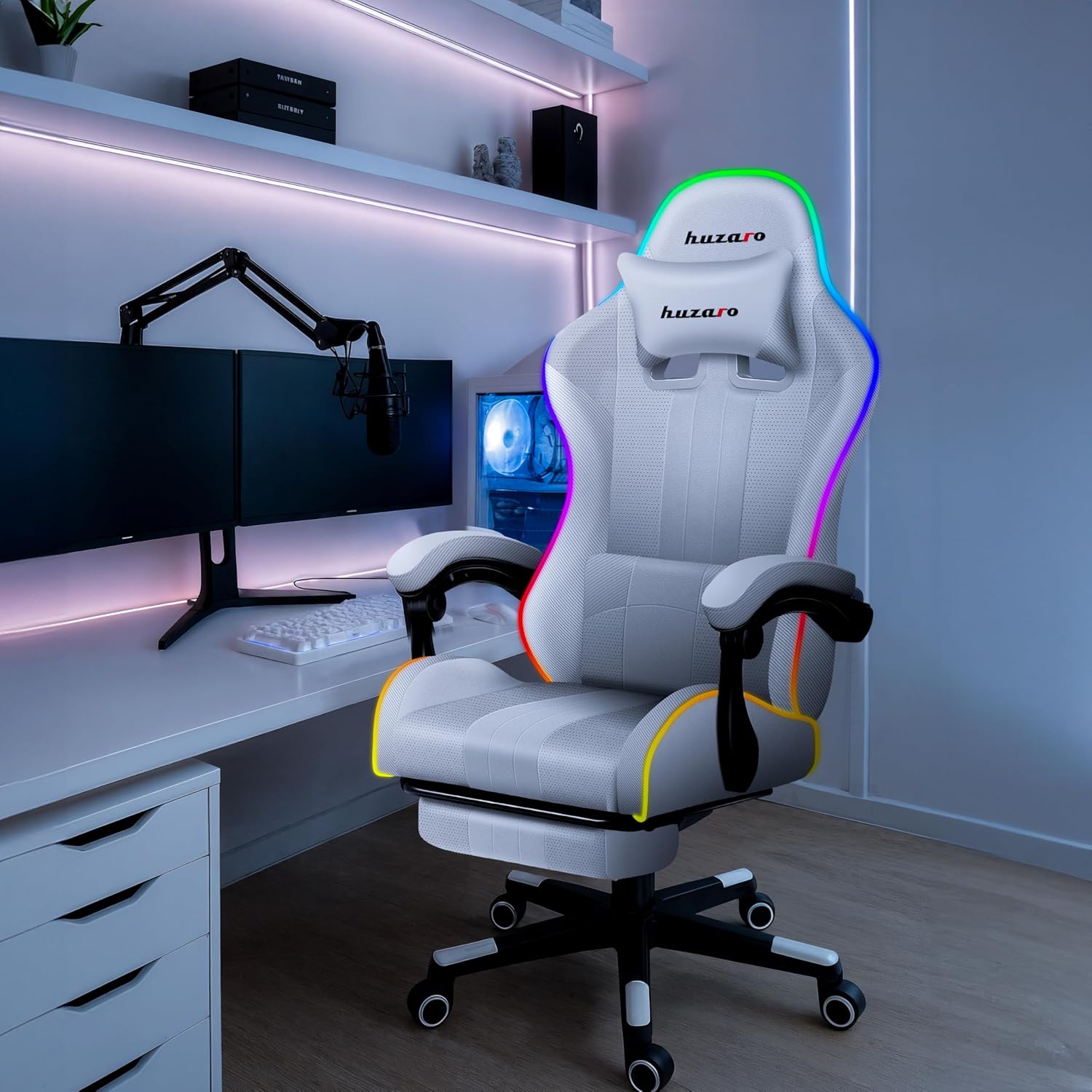 Gaming Chairs - huzaro Force RGB Mesh, Gaming Chair, Office Chair, Computer Chair, Ideal for People up to 185 cm, Headrest Lumbar Cushion, Gamer Chair with Footrest, Gaming Chair 140 kg Load Capacity, White – Bild 2