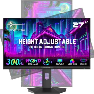 Gaming PC & Gaming Monitors – Minifire Gaming Monitor 27 Inches, 300 Hz, QHD (2560 x 1440), Height-Adjustable Vertical/Horizontal Rotating, OD 1ms, FreeSync, sRGB 130%, 10 bit, 2 x DP1.4, 2 x HDMI 2.1, VESA Compatible (MFG27F6Q Pro)