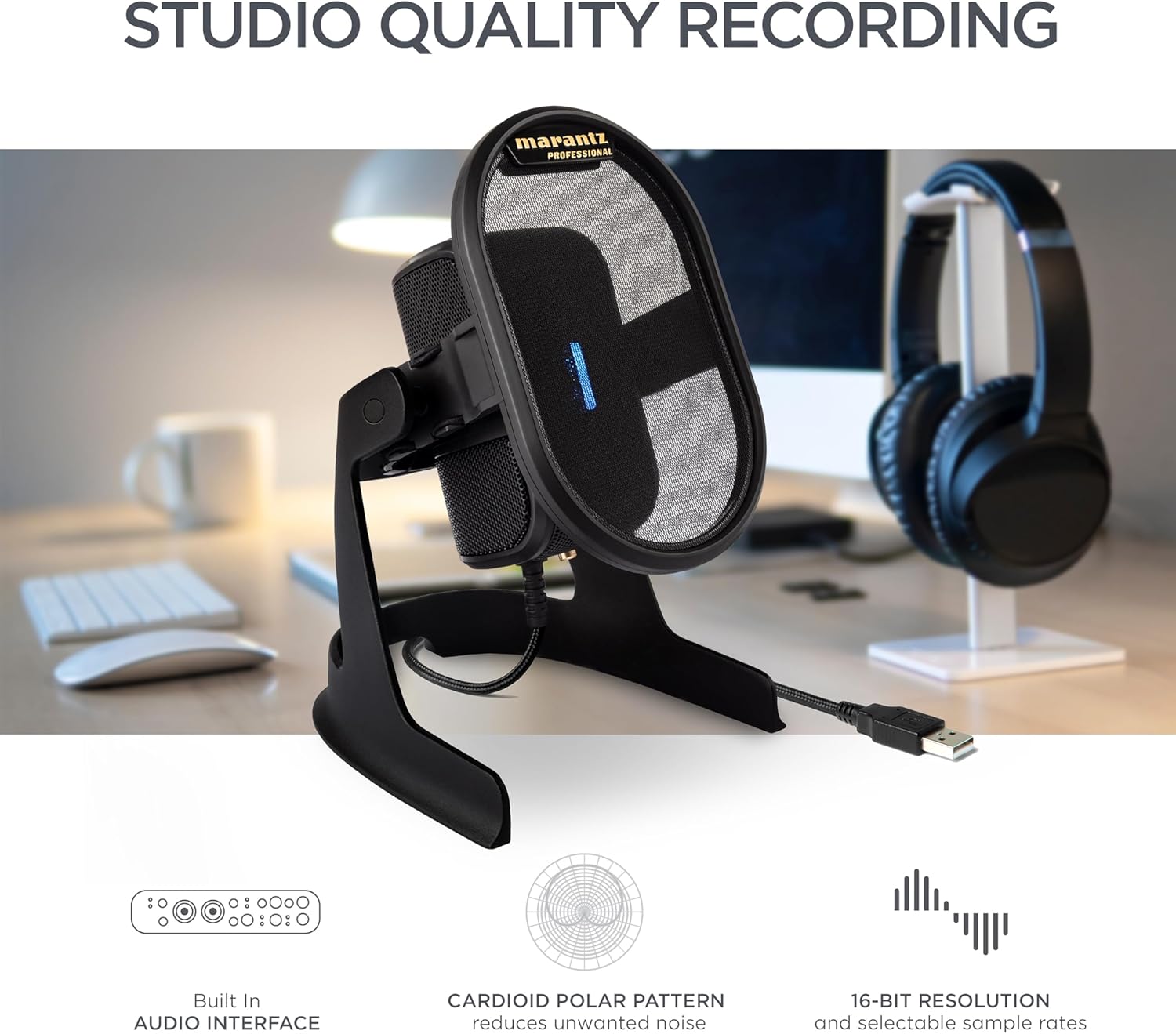 Streaming-Equipment - Marantz Professional Umpire - USB condenser microphone with pop filter and shock mount, driverless, for stuido, radio, podcast, twitch, skype, conference – Bild 5