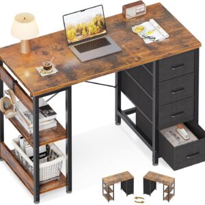 Gaming PC & Laptops – Coleshome Small Desk with 4 Drawers, 100 x 40 cm Desk with Storage Space, Reversible Computer Desk with Shelves, PC Table for Office, Study, Bedroom, Brown