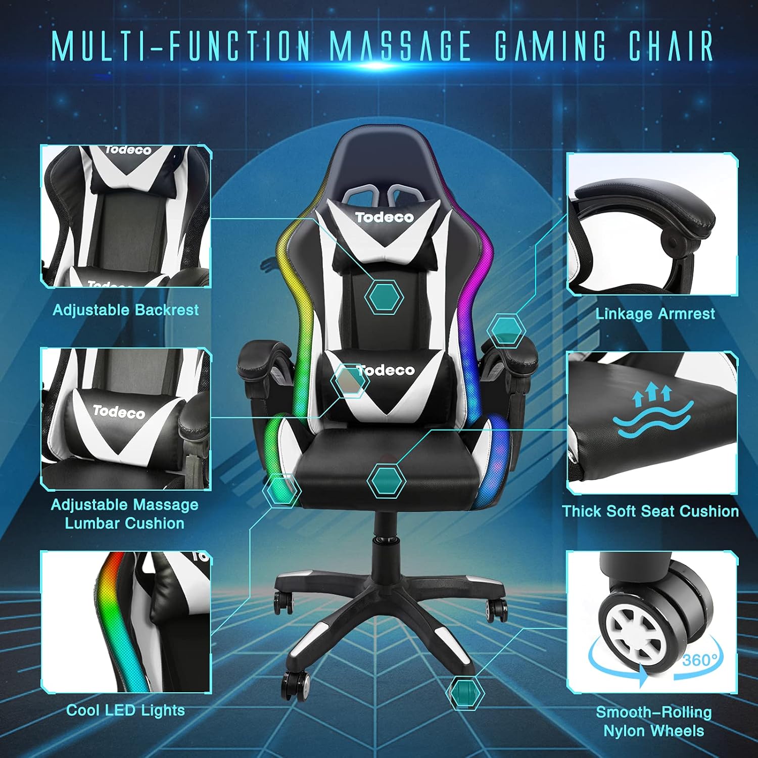 Gaming Chairs - Todeco Gaming Chair Massage with Light LED Racing Chair Gaming Chair Gamer Ergonomic Office Chair Adjustable Backrest Height Adjustable Swivel Chair with Headrest and Lumbar Cushion White – Bild 4