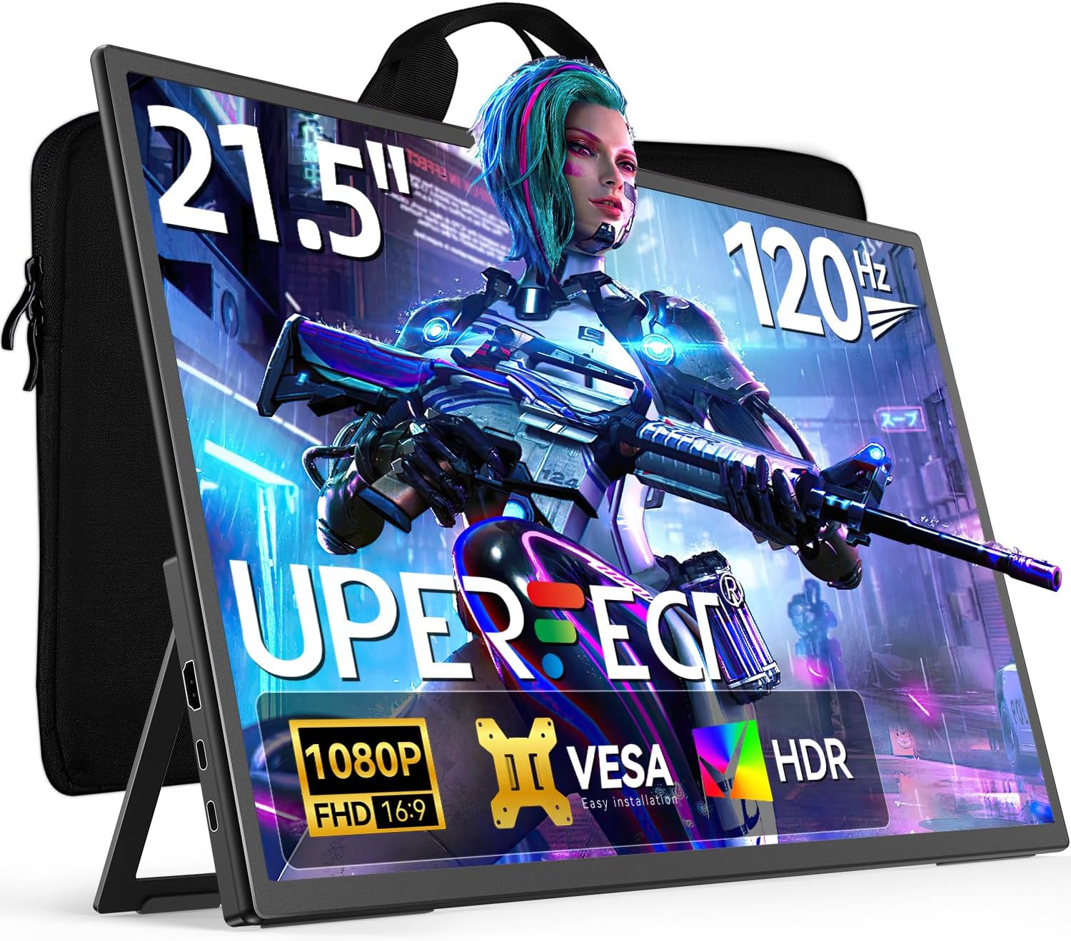 Gaming PC & Gaming Monitors - UPERFECT Portable Monitor 21.5 Inch 120Hz Portable Monitor 1300:1 1920 x 1080 Full HD IPS Screen Integrated Bracket HDMI USB C for PC Laptop Game Console Metal Housing VESA Compatible