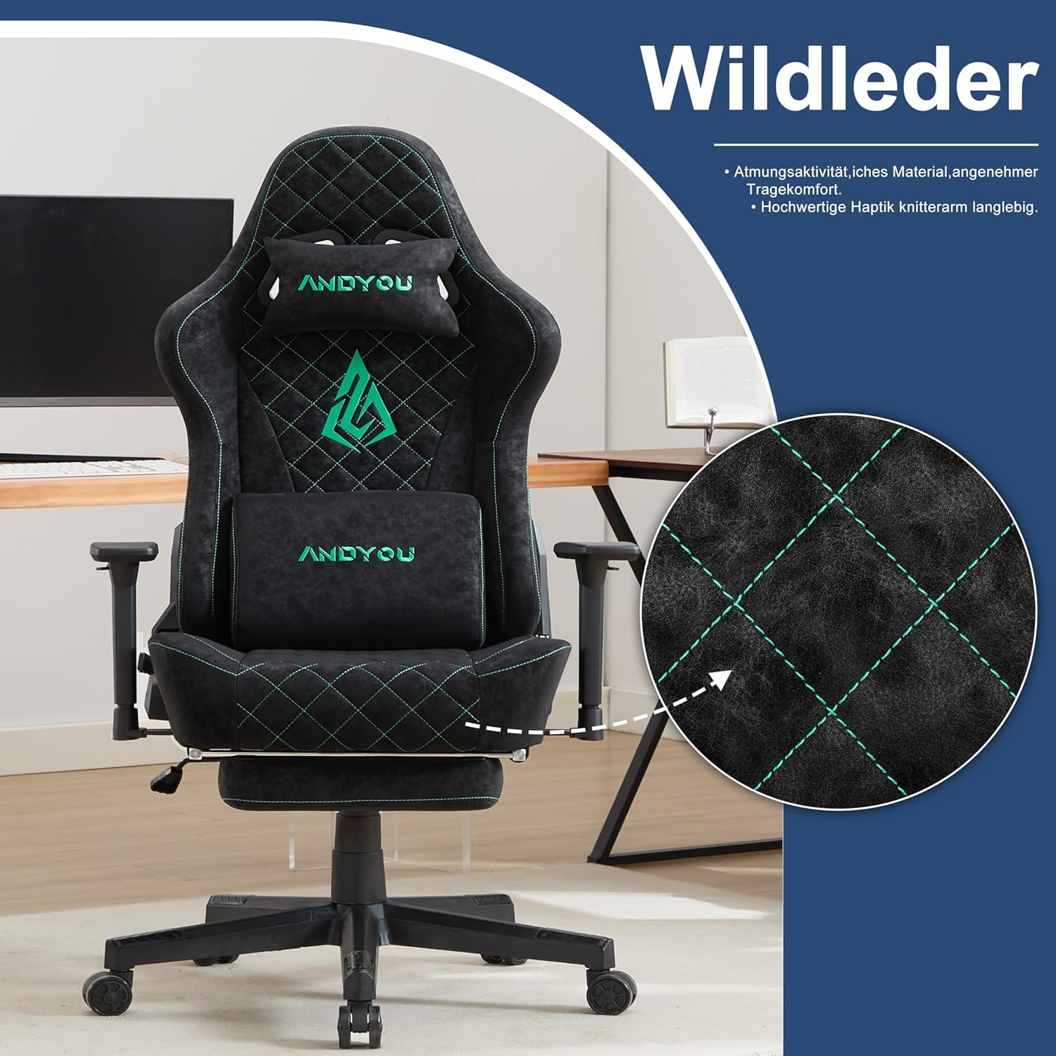 Gaming Chairs - Andyou Gaming Chair, Racing Gamer Chair, Ergonomic Gaming Chair, Office Chair with Adjustable Lumbar Cushion, Footrest, Pillow and 2D Armrests, Vintage PU Leather 90-150°, Black ASIN – Bild 4