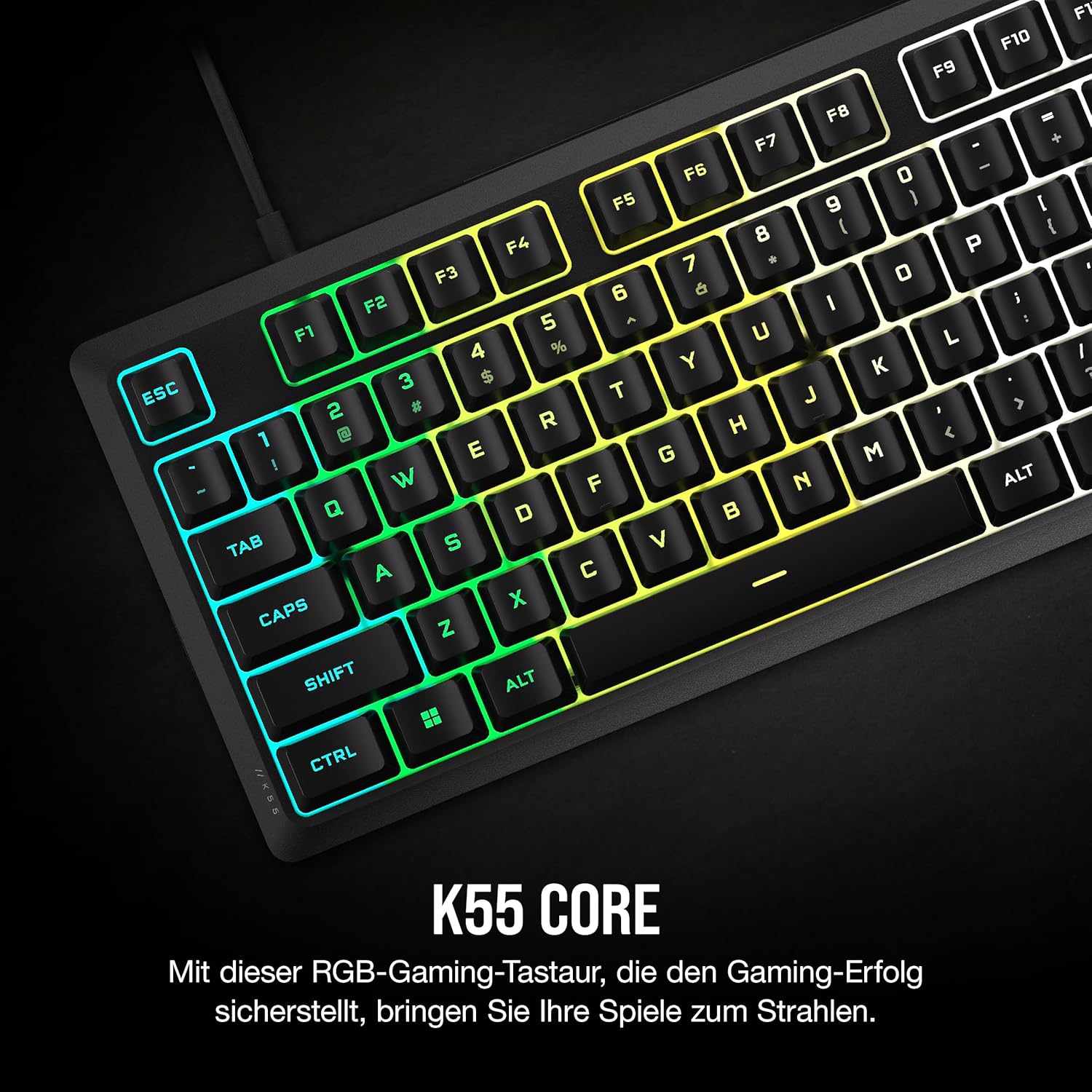 Gaming Tastatur & Maus - Corsair K55 CORE RGB Membrane Wired Gaming Keyboard - Quiet, Responsive Switches - Splash Proof - Ten Zone RGB - Media Keys - iCUE Compatible - QWERTZ DE - PC, Mac - Black – Bild 2