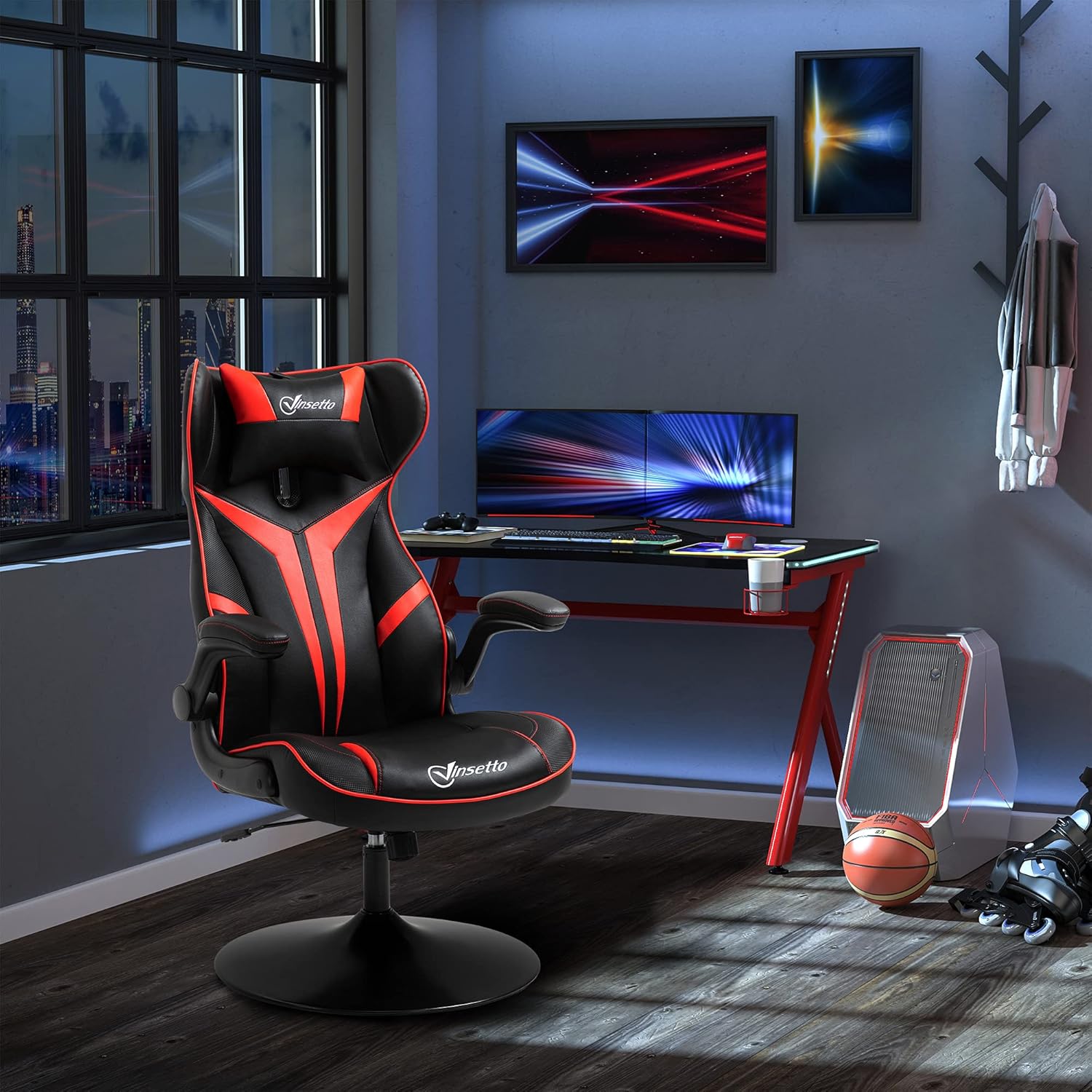 Gaming Chairs - Vinsetto Gaming Chair Ergonomic Gamer Chair with Headrest and Height-Adjustable Gaming Chair Office Chair with Rocker Function Black + Red – Bild 2