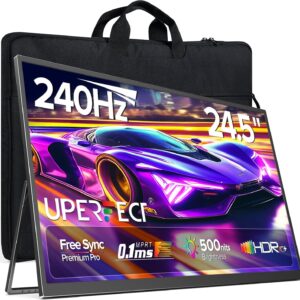 Gaming PC & Gaming Monitors – UPERFECT Portable Monitor 24.5 Inch 240 Hz Gaming Monitor with FreeSync HDR 0.1 ms 2000:1 Contrast 500 Nits, 180° Adjustable Stand and VESA, Mobile Second Screen for Laptop, Game Console
