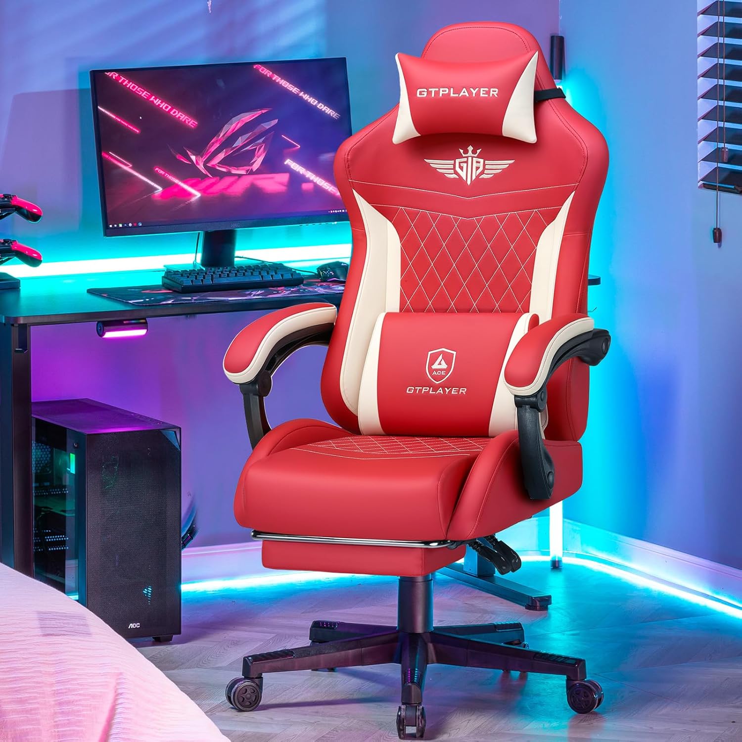 Gaming Chairs - GTPLAYER Gaming Chair, Ergonomic Gamer Chair Made of PU Leather with Lumbar Support, PC Chair with Widened Backrest, Maximum Load 150 kg, Red – Bild 2