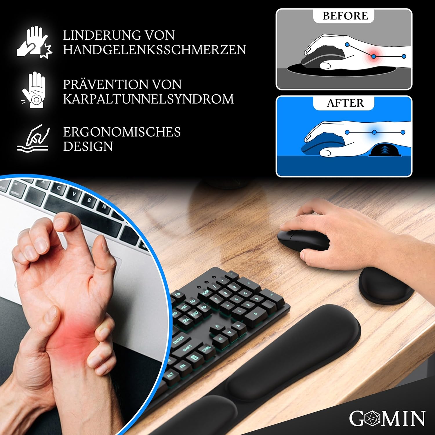 Gaming Tastatur & Maus - Gomin Wrist Rest for Keyboard and Mouse - Ergonomic Wrist Support Set Non-Slip - Foldable Memory Foam Wrist Rest - Keyboard Pad Ergonomic and Comfortable for Office and Home Office – Bild 2