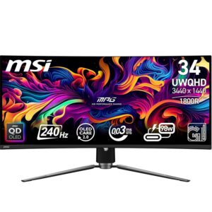 Gaming PC & Gaming Monitors – MSI MPG 341CQPX QD-OLED 34 Inch UWQHD Curved Gaming Monitor – 3440 x 1440 (21:9) QD-OLED Panel, 240Hz / 0.03ms, 99.3% DCI-P3, ΔE≤2, DisplayHDR True Black 400, DP 1.4a, HDMITM, USB Type CF (PD: 98) W