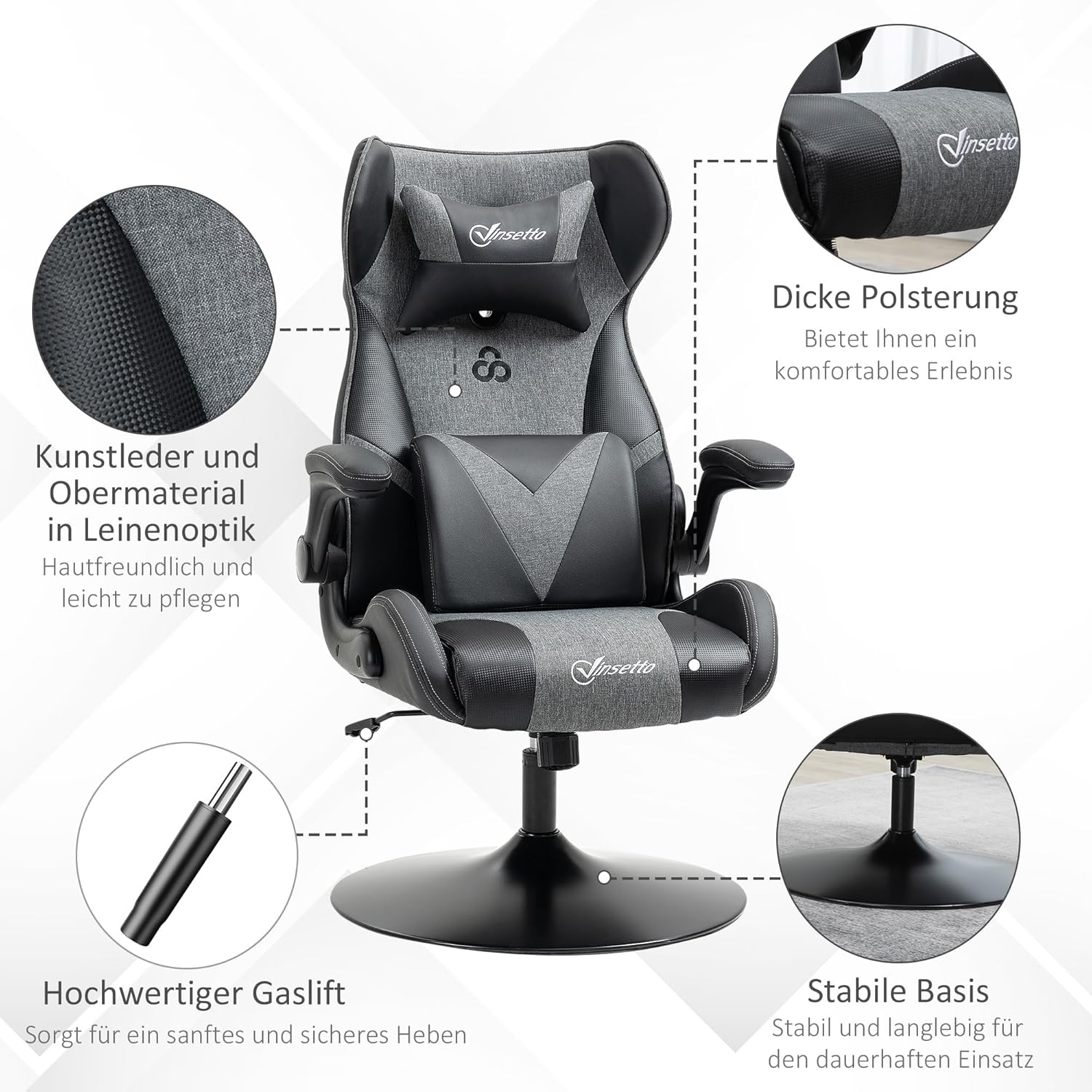 Gaming Chairs - Vinsetto Gaming Chair Ergonomic Gamer Chair with Adjustable Armrest, Lumbar Support, Pillow Height Adjustable Gaming Chair with Rocker Function, Faux Leather, Linen Look, Black + Grey – Bild 8