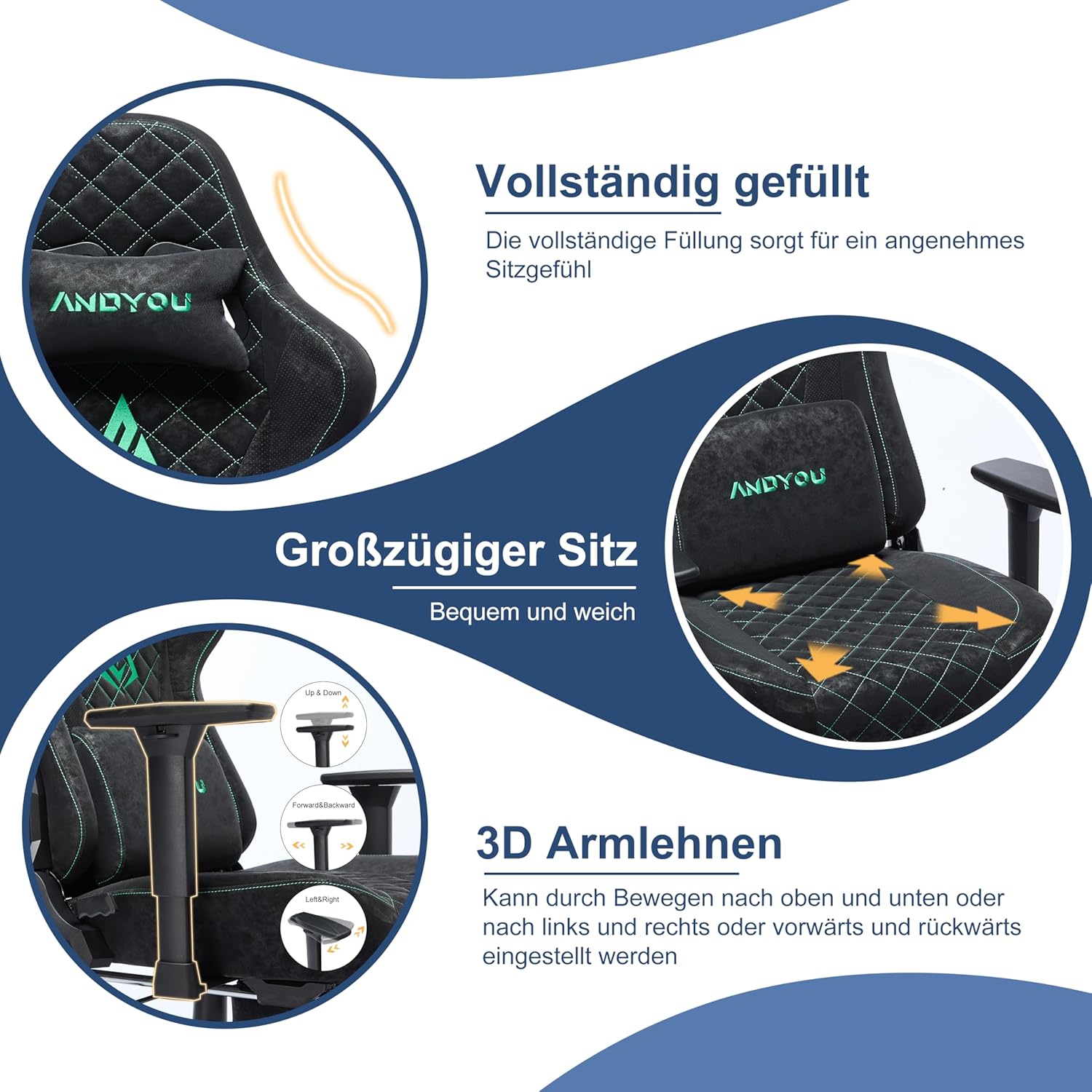 Gaming Chairs - Andyou Gaming Chair, Racing Gamer Chair, Ergonomic Gaming Chair, Office Chair with Adjustable Lumbar Cushion, Footrest, Pillow and 2D Armrests, Vintage PU Leather 90-150°, Black ASIN – Bild 5