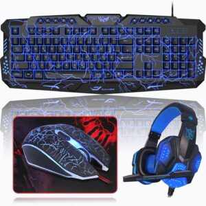 Gaming Tastatur & Maus – Gaming Keyboard and Mouse Set with Headset, QWERTZ DE Layout, Crack Illuminated Keyboard, 4 Colours LED Gaming Mouse, Over-Ear Headphones, Large Mouse Mat, 4-in-1 PC Set for Mac PS5 Xbox