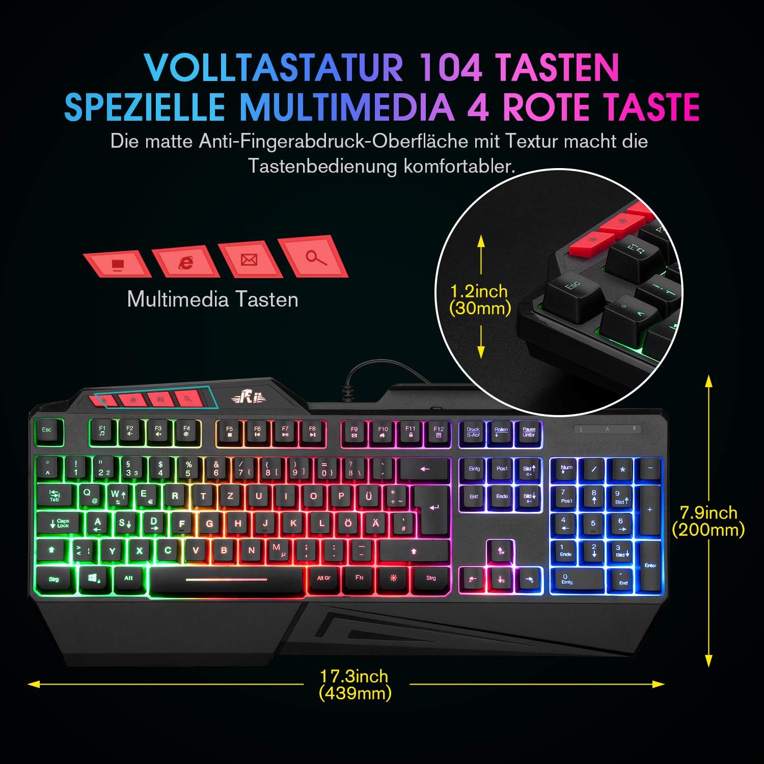 Gaming Tastatur & Maus - Rii Gaming Keyboard, PC Keyboard Illuminated Rainbow Keyboard USB, 19 Anti-Ghosting, Gaming Keyboard for PC/Laptop/PS4/Xbox One (German Layout) – Bild 6