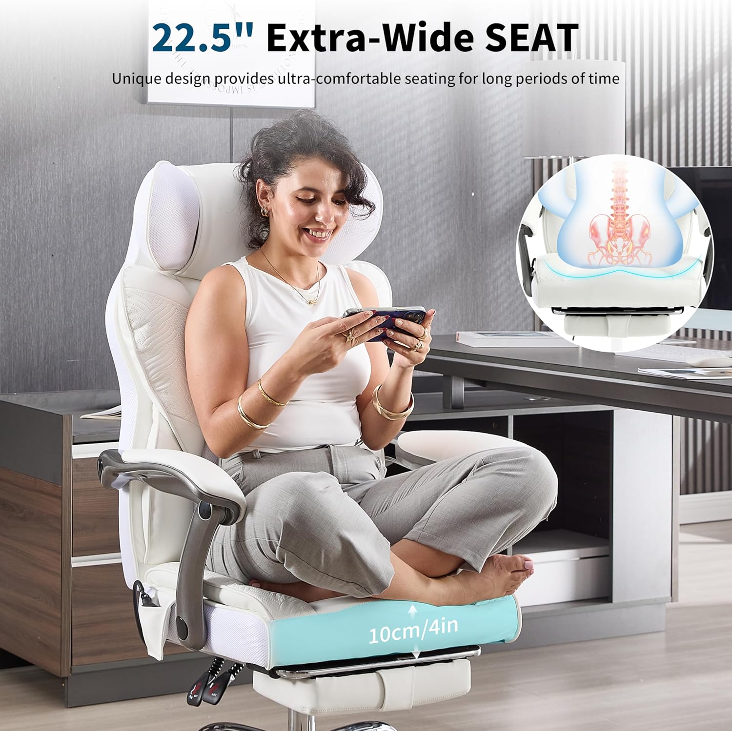 Gaming Chairs - Fizzin Ergonomic Office Chair with Extendable Footrest, Gaming Chair with Pocket Spring Lumbar Support, Ergonomic and Comfortable Wide Office Computer Chair, Executive Chair (White) – Bild 6