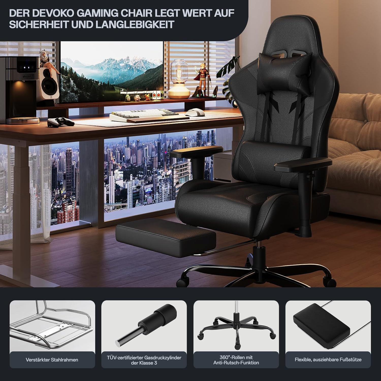 Gaming Chairs - JUMMICO Gaming Chair with Adjustable Armrests, Office Chair Ergonomic with Footrest, Gamer Chair Load Capacity 150 kg, Black – Bild 9