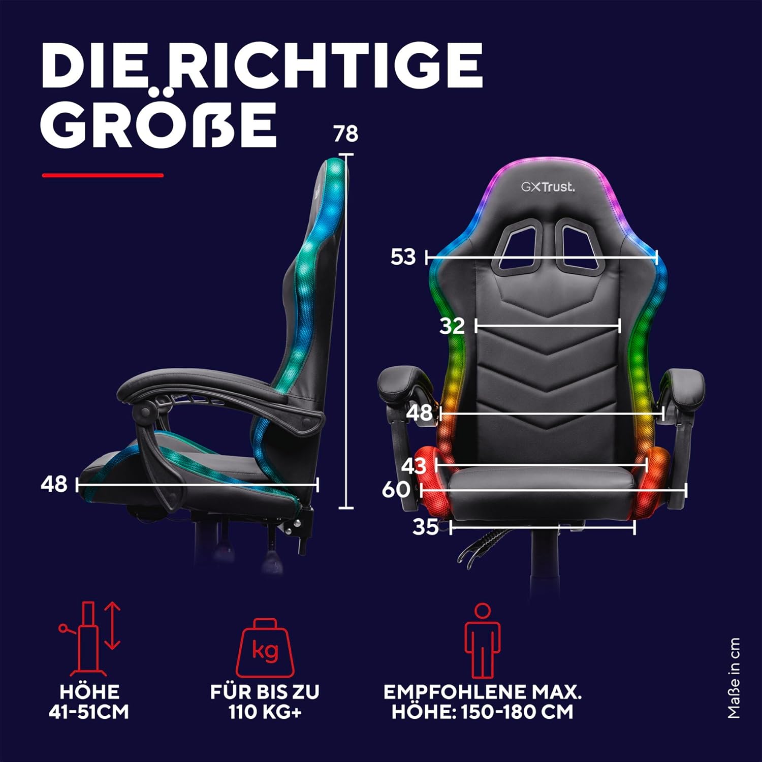Gaming Chairs - GXTrust 704 Roniq Gaming Stuhl LED, 178 Farben und Effekten, Gepolsterte Armlehnen, Verstellbare Höhe und Rückenlehne, Gaming Chair Schreibtischstuhl mit RGB-Beleuchtung, Schwarz – Bild 3