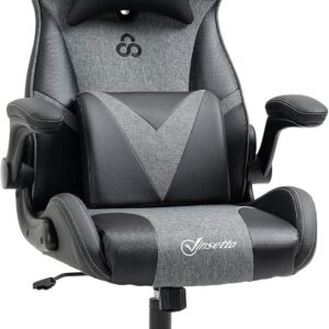 Gaming Chairs – Vinsetto Gaming Chair Ergonomic Gamer Chair with Adjustable Armrest, Lumbar Support, Pillow Height Adjustable Gaming Chair with Rocker Function, Faux Leather, Linen Look, Black + Grey