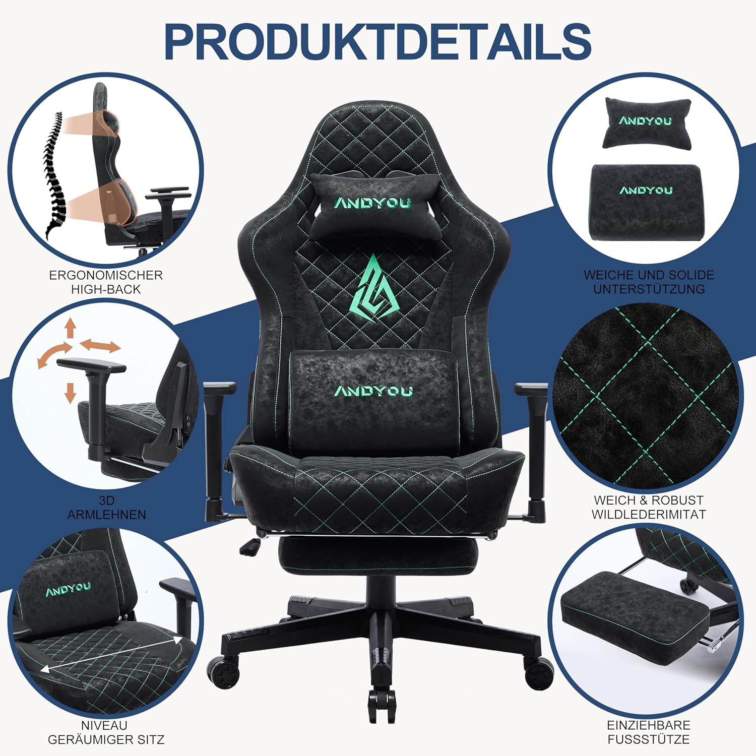Gaming Chairs - Andyou Gaming Chair, Racing Gamer Chair, Ergonomic Gaming Chair, Office Chair with Adjustable Lumbar Cushion, Footrest, Pillow and 2D Armrests, Vintage PU Leather 90-150°, Black ASIN – Bild 7
