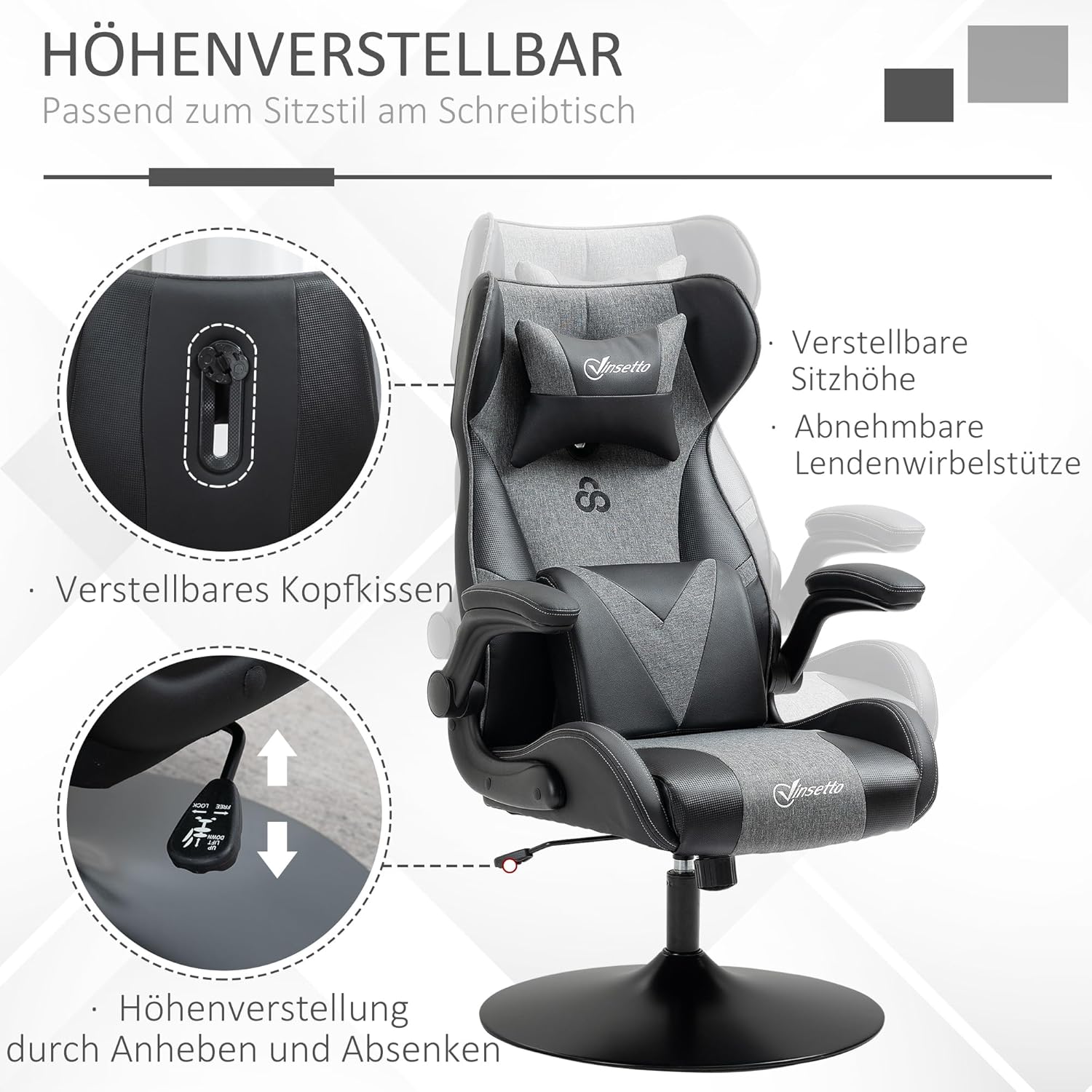 Gaming Chairs - Vinsetto Gaming Chair Ergonomic Gamer Chair with Adjustable Armrest, Lumbar Support, Pillow Height Adjustable Gaming Chair with Rocker Function, Faux Leather, Linen Look, Black + Grey – Bild 4