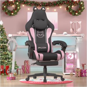 Gaming Chairs – bigzzia Gaming Chair with Massage Function and Footrest – Ergonomic Gaming Chair for Girls & Adults, Gamer Chair Head & Lumbar Support with Cat Ears (Black/Pink)