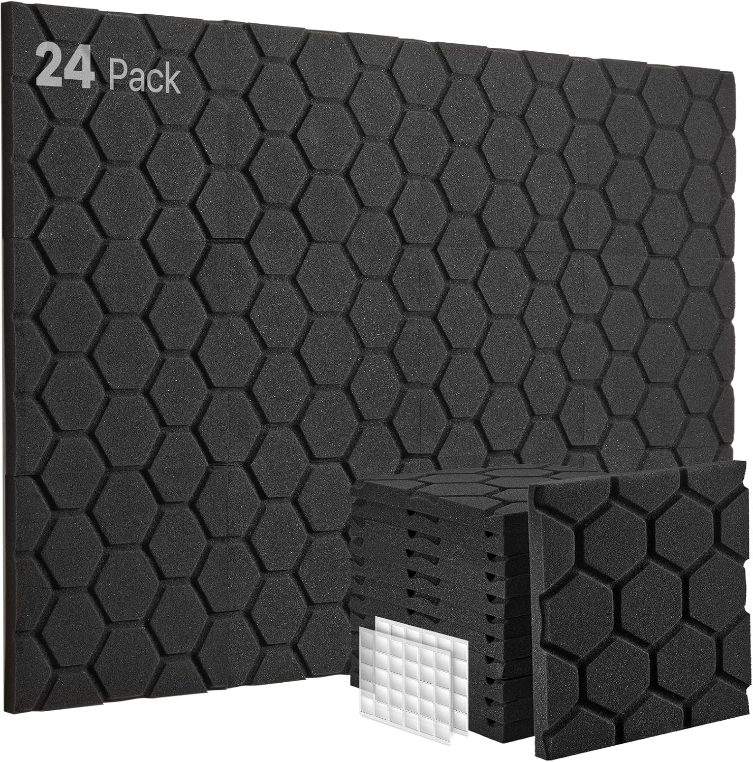 Streaming-Equipment - Acoustic Foam, Pack of 24, Acoustic Panels, Sound Absorber, 30 x 30 x 2.5 cm, Sound Insulation, Sound Insulation Mat, Podcast, Studio, Gaming Decoration, Streaming Accessories, Acoustic Panels, Black